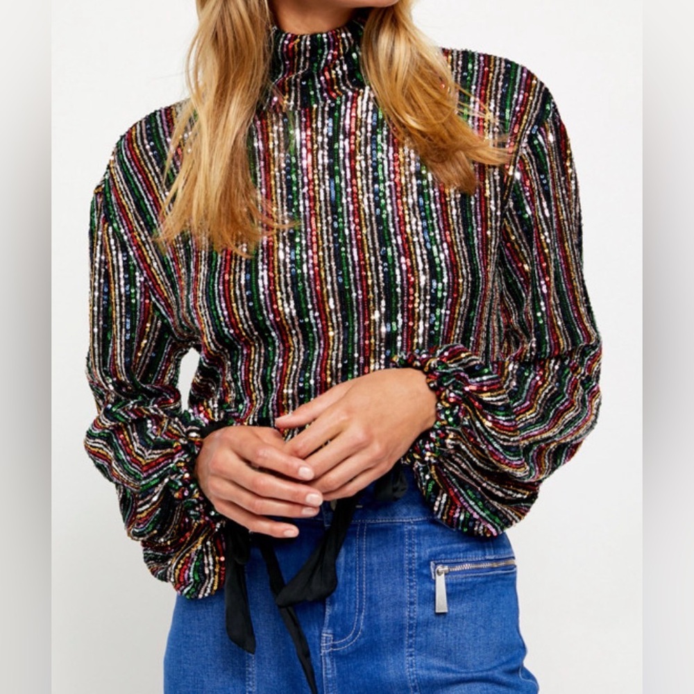 Free People Midnight City Cropped Sequin Rainbow Bell Sleeve Top Mock Neck M